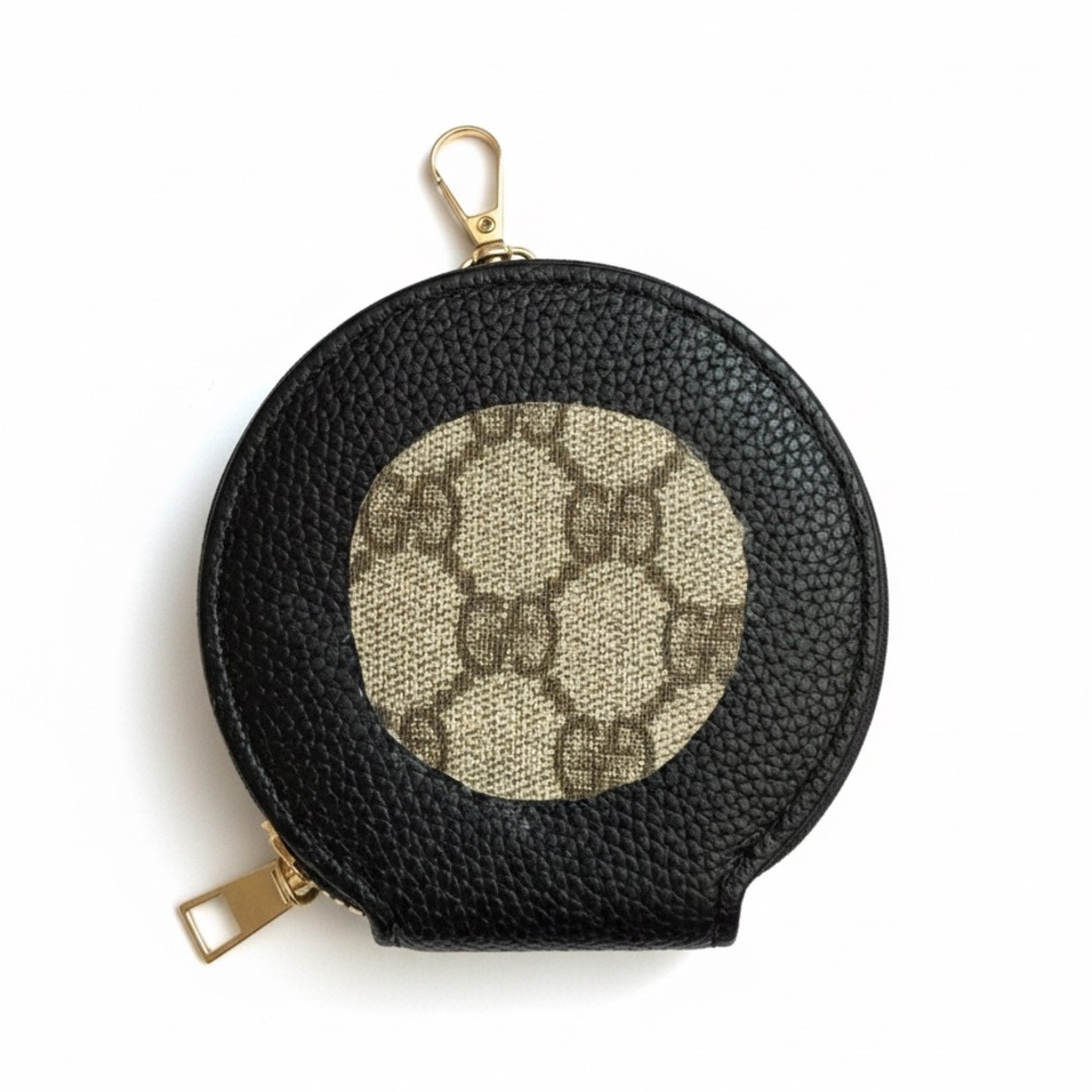 Designer-Inspired Black Leather Round Coin Pouch with Monogram Accent